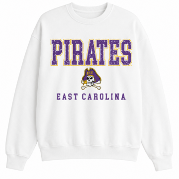 White Crewneck Sweatshirt with Purple Varsity Pirate Graphic