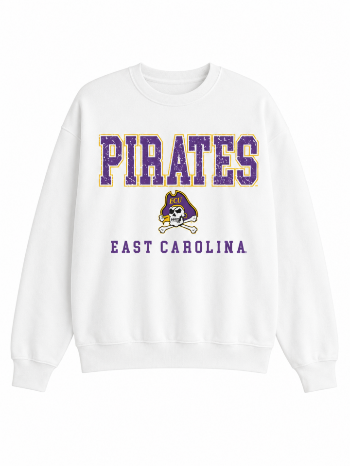 White Crewneck Sweatshirt with Purple Varsity Pirate Graphic