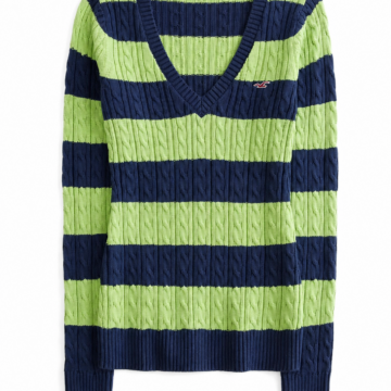 Navy Blue and Lime Green Striped Cable Knit Sweater with Deep V-Neck