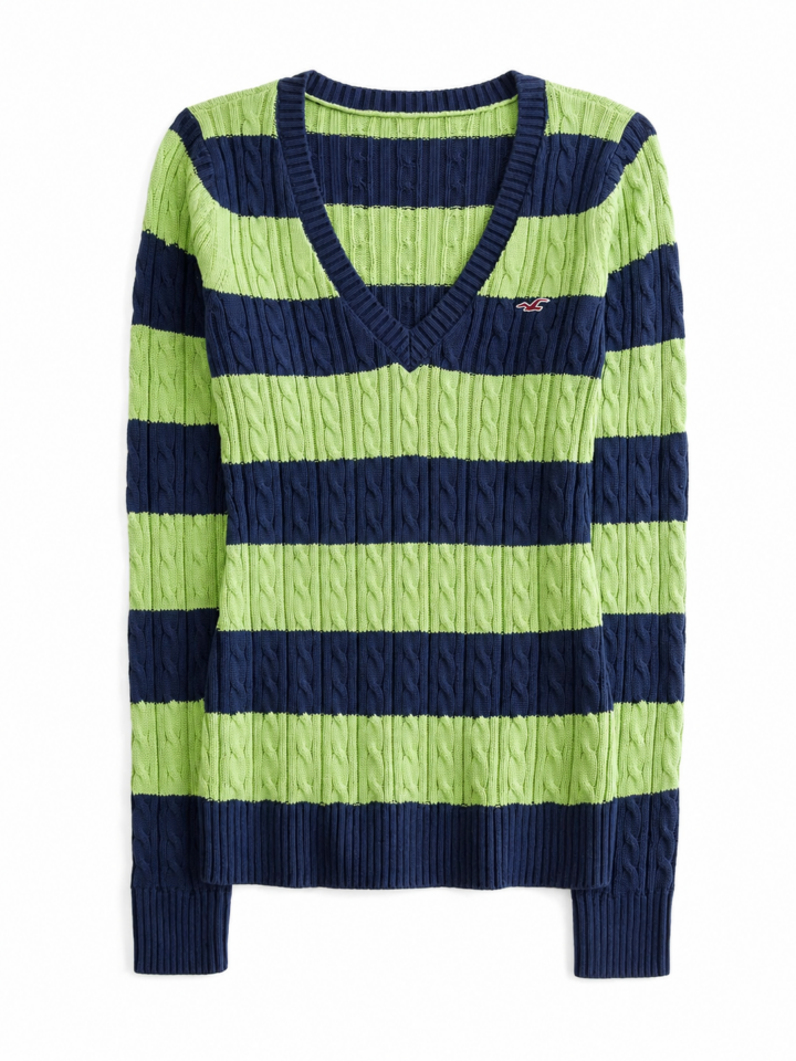 Navy Blue and Lime Green Striped Cable Knit Sweater with Deep V-Neck