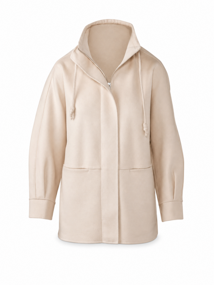Light Beige Hooded Longline Jacket with Kangaroo Pockets