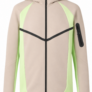 Light Beige Full-Zip Hooded Jacket with Neon Green Color-Block Panels