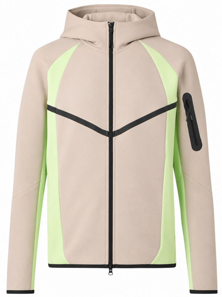 Light Beige Full-Zip Hooded Jacket with Neon Green Color-Block Panels