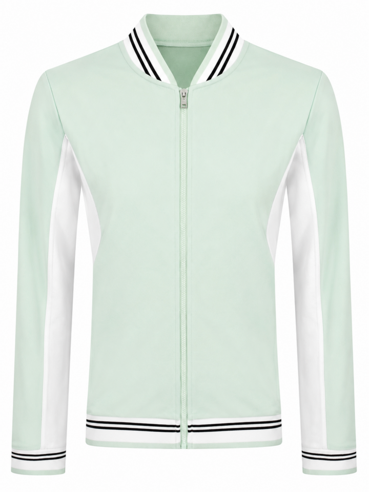 Pale Mint Green and White Color-Block Bomber Jacket