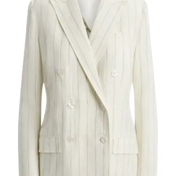 Off-White Double-Breasted Blazer with Light Blue Pinstripe and Peak Lapel