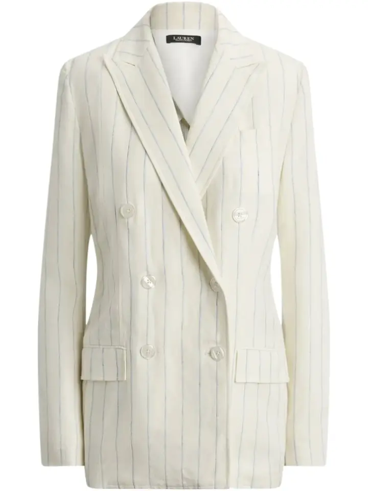 Off-White Double-Breasted Blazer with Light Blue Pinstripe and Peak Lapel