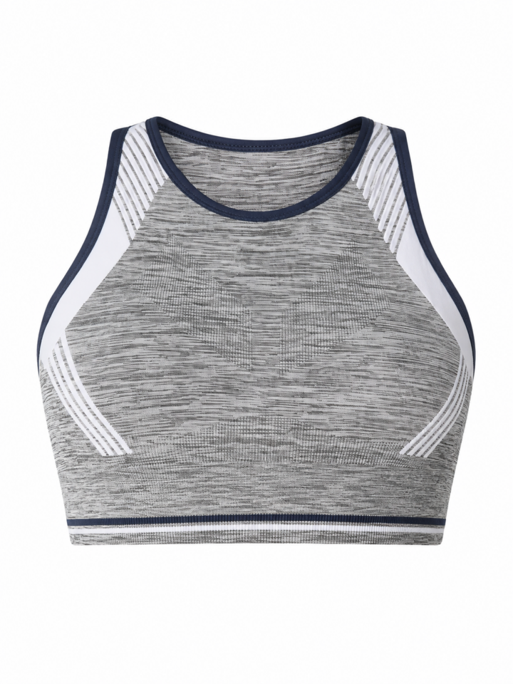 Grey Heather High Neck Sports Bra with White Panels