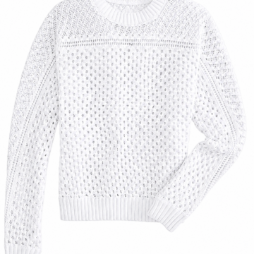 White Relaxed Fit Open-Knit Sweater with Crew Neck