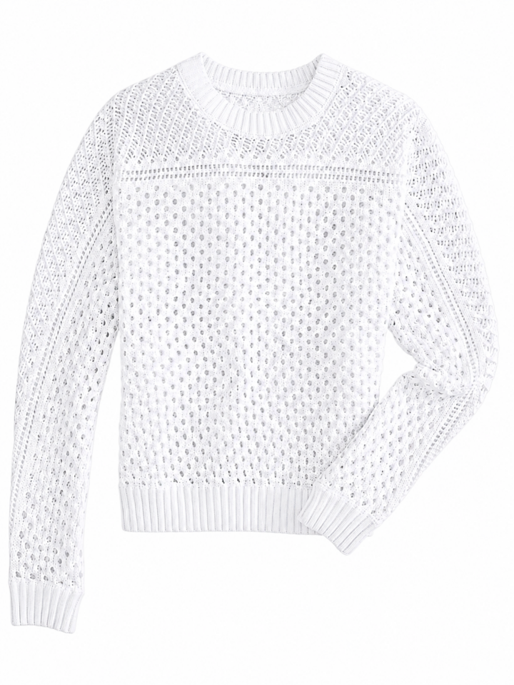 White Relaxed Fit Open-Knit Sweater with Crew Neck