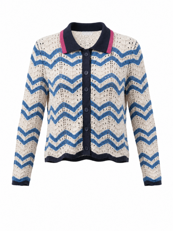 Blue and Cream Cardigan with Chevron Knit Pattern