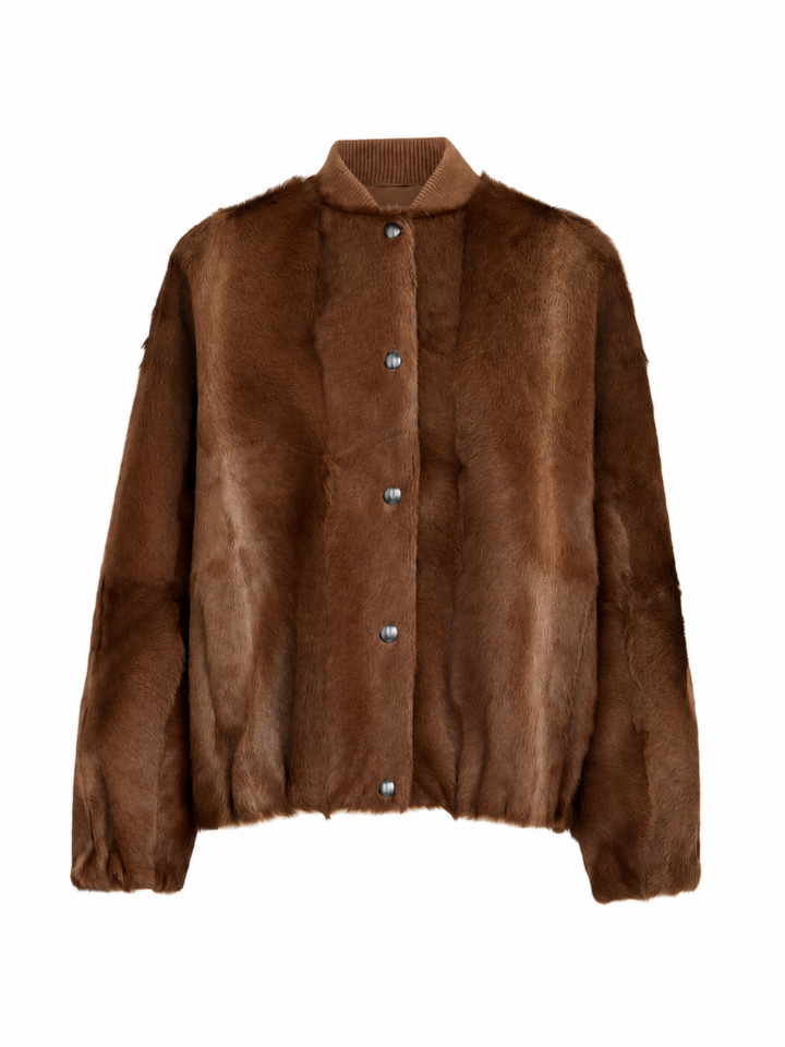 Brown Faux Fur Jacket with Ribbed Collar