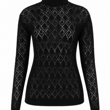 Black Fitted Turtleneck Sweater with Diamond Pointelle Pattern