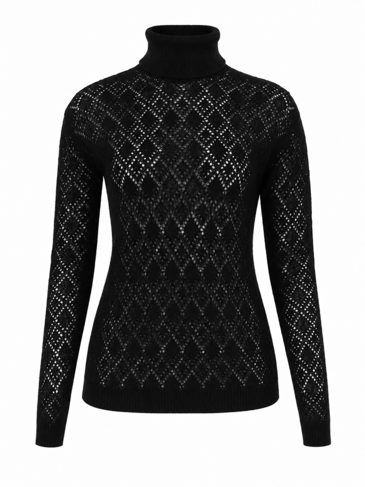 Black Fitted Turtleneck Sweater with Diamond Pointelle Pattern