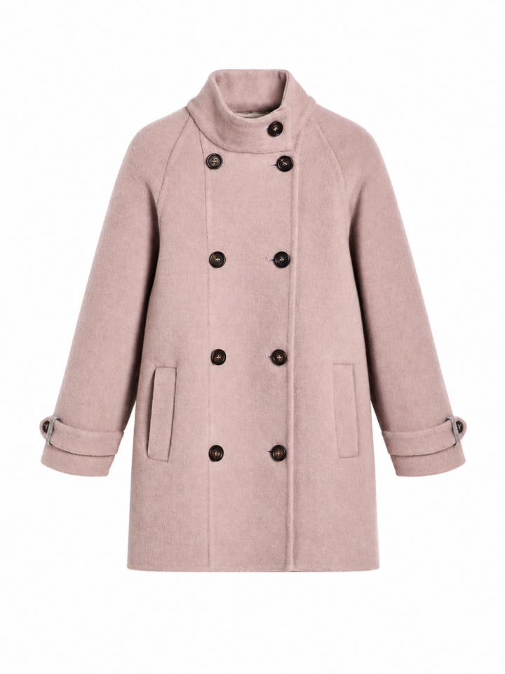 Dusty Pink Double-Breasted Mid-Length Coat with Stand Collar