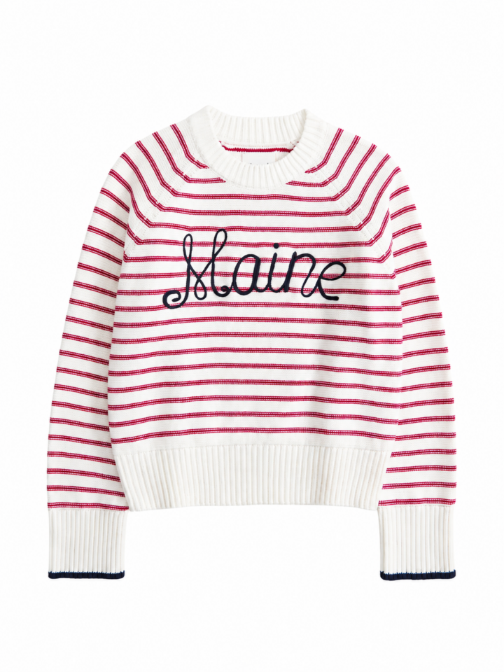 White Knit Sweater with Red Stripes and Boxy Crop Fit