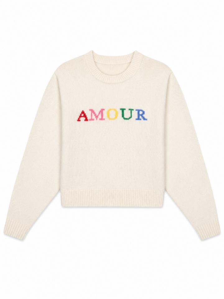 Cream Crew Neck Knit Sweater with AMOUR Graphic