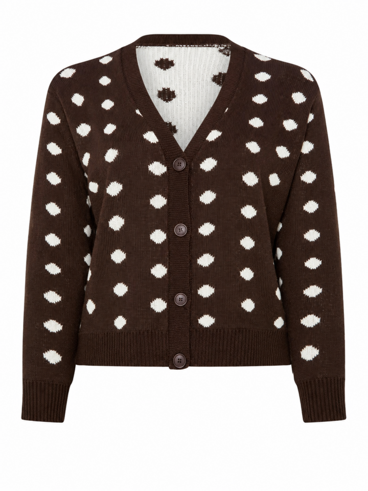 Brown Polka Dot Button-Front Knit Cardigan