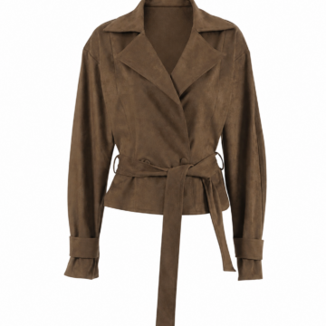 Dark Brown Faux-Suede Wrap Jacket with Tie Belt