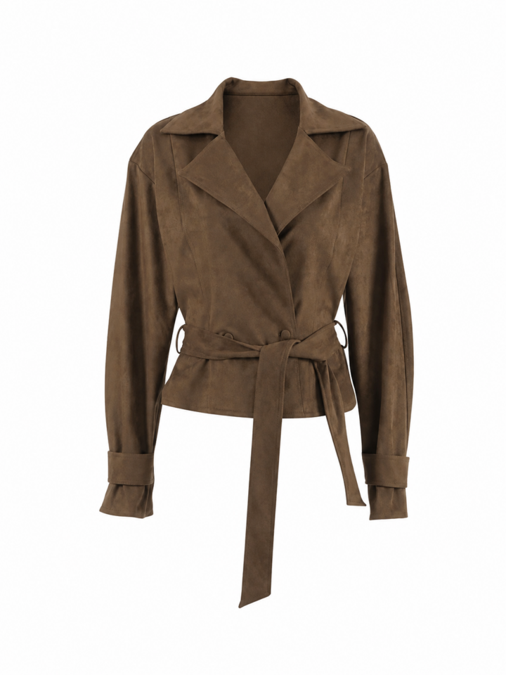 Dark Brown Faux-Suede Wrap Jacket with Tie Belt
