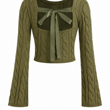 Olive Green Cable-Knit Cropped Cardigan with Bow Tie