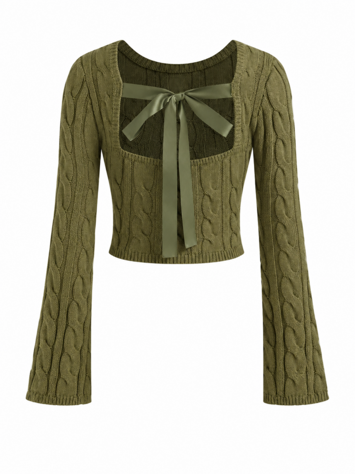 Olive Green Cable-Knit Cropped Cardigan with Bow Tie