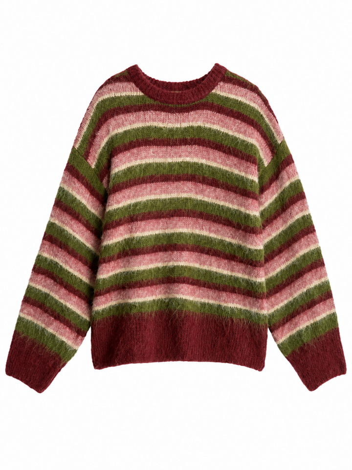 Burgundy Pink Olive Striped Fuzzy Sweater