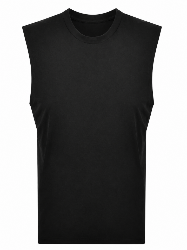 Black Sleeveless Crew Neck T-Shirt with Drop Shoulders