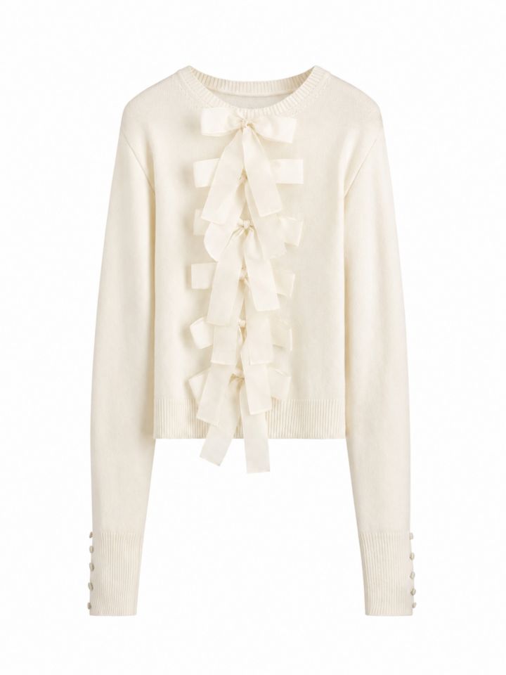 Cream Knit Sweater with Fabric Bows and Drop Shoulders