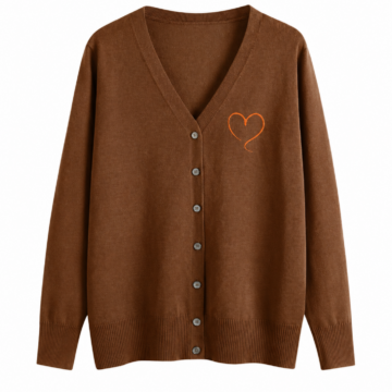 Solid Brown V-Neck Cardigan with Heart Motif