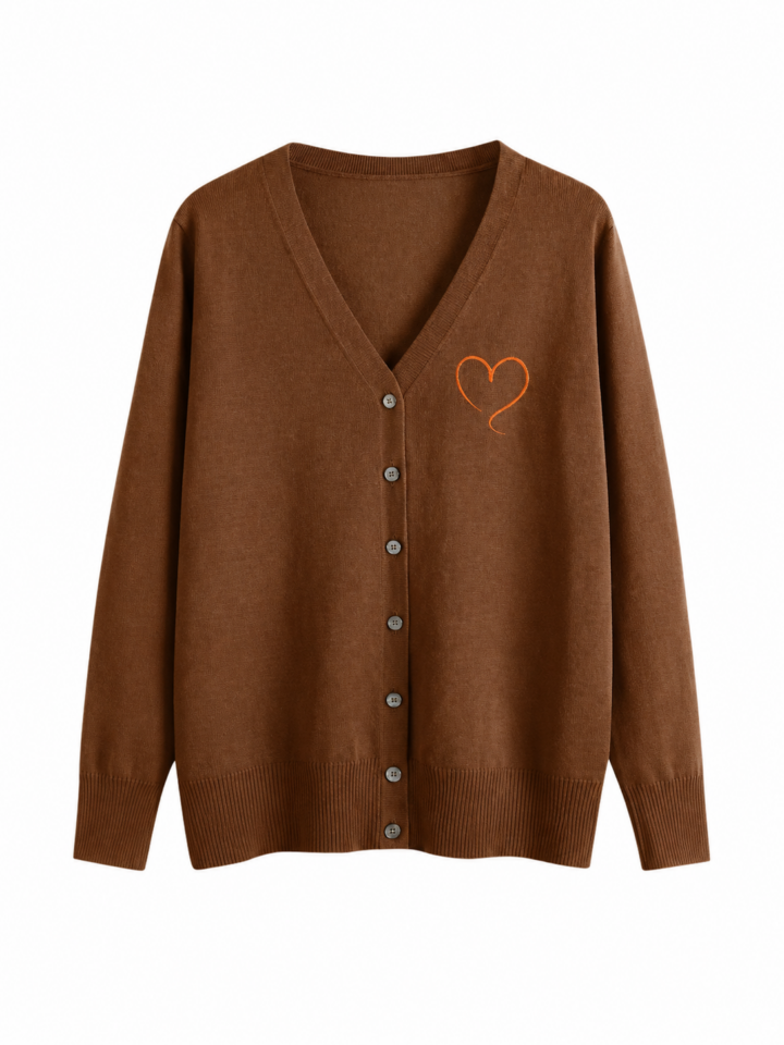 Solid Brown V-Neck Cardigan with Heart Motif
