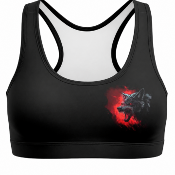 Black Sports Bra with Red Wolf Graphic Print