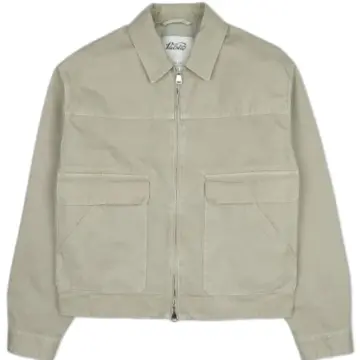 Light Beige Relaxed Fit Canvas Jacket with Point Collar and Zip Front