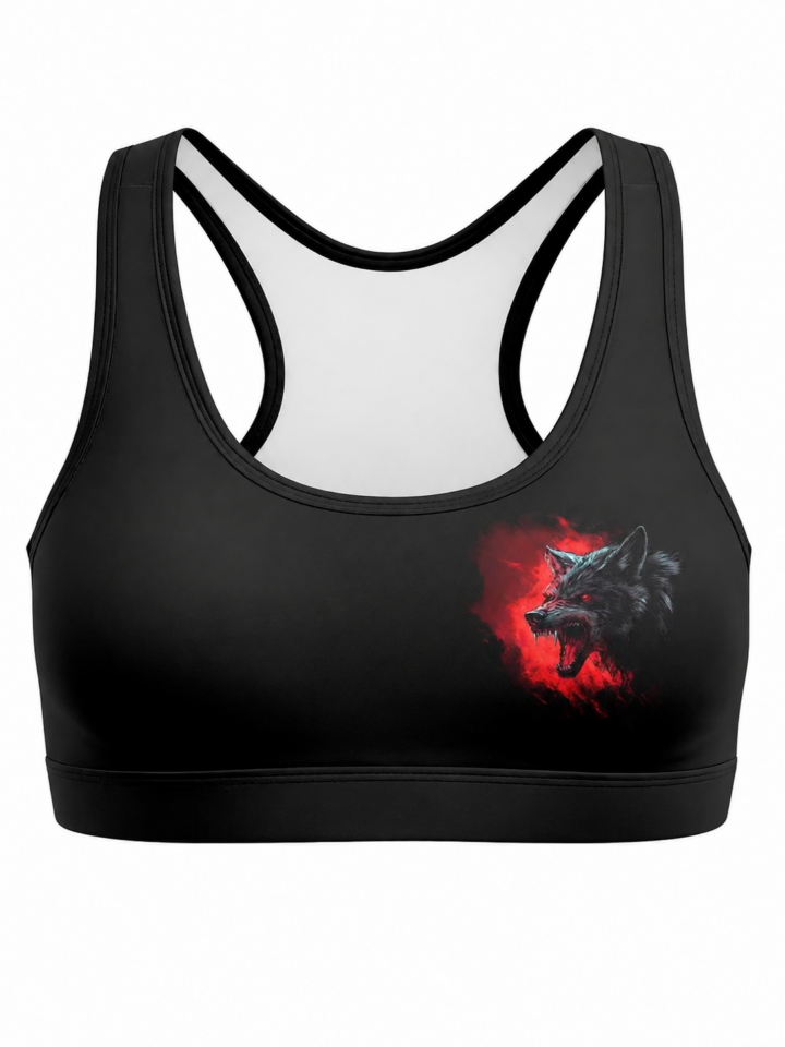 Black Sports Bra with Red Wolf Graphic Print