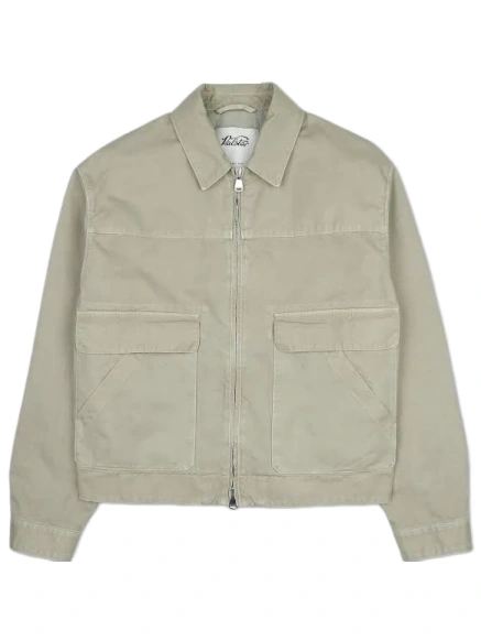 Light Beige Relaxed Fit Canvas Jacket with Point Collar and Zip Front