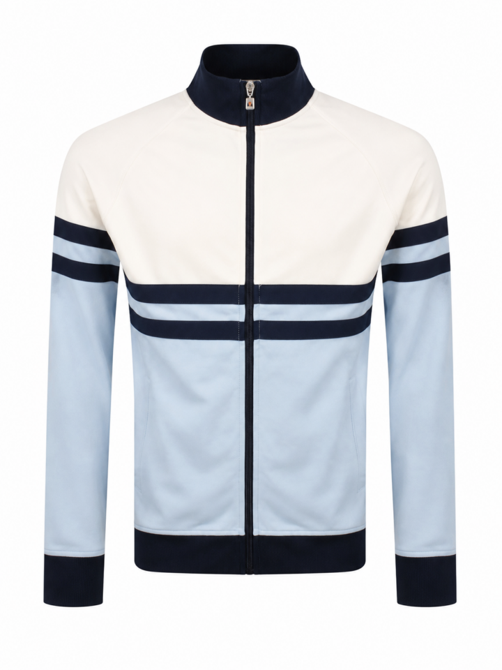 White Light Blue Navy Full-Zip Track Jacket with Contrasting Stripes