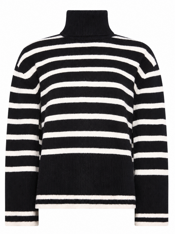 Black and White Striped Knit Turtleneck Sweater