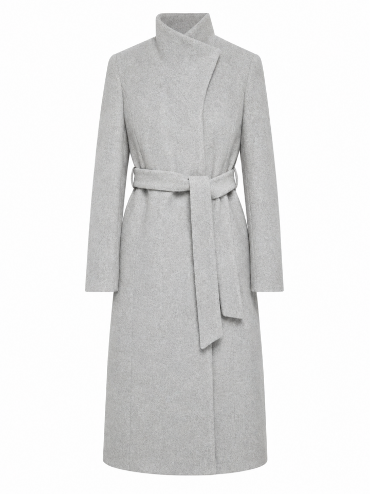Light Heather Grey Long Straight Wrap Coat with Self-Tie Belt
