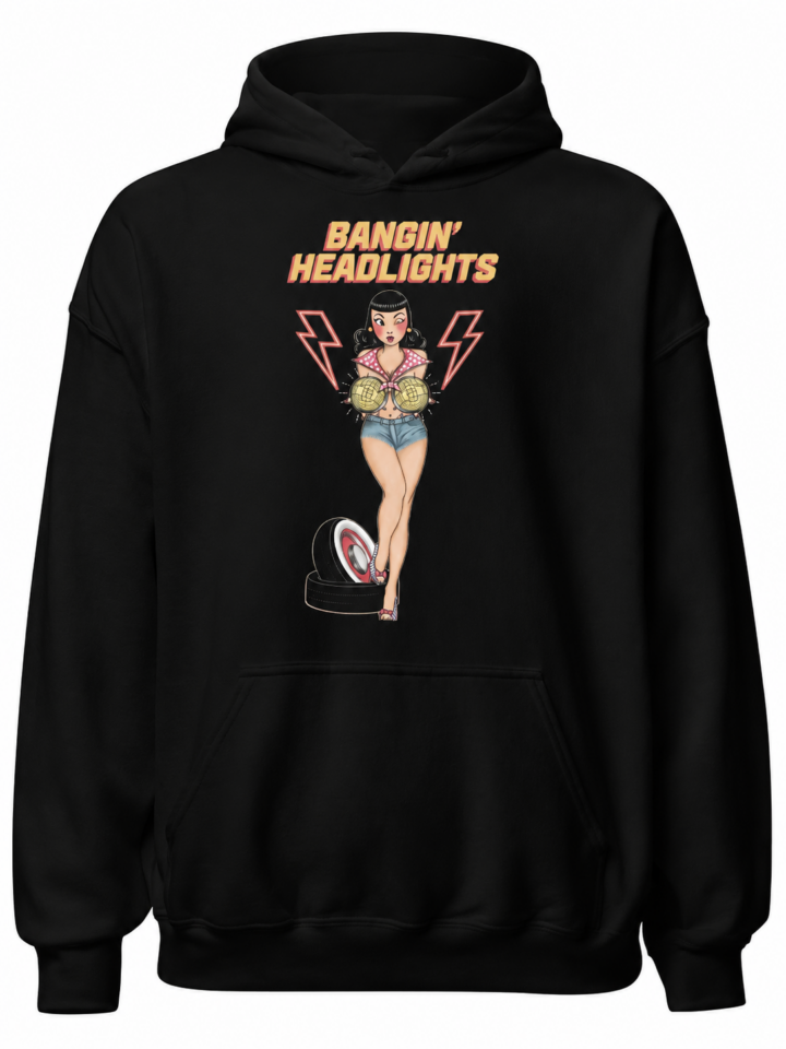 Black Retro Graphic Pullover Hoodie with Kangaroo Pocket