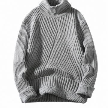 Heather Grey Oversized Turtleneck Knit Sweater with Diagonal Pattern