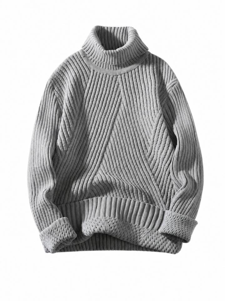 Heather Grey Oversized Turtleneck Knit Sweater with Diagonal Pattern
