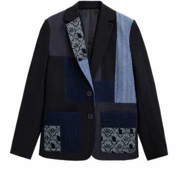 Patchwork Denim Blazer with Floral Accents – Black, Pinstripe, and Light Blue Panels