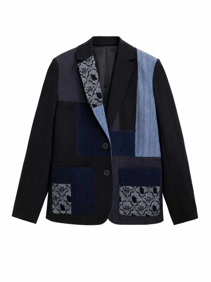 Patchwork Denim Blazer with Floral Accents – Black, Pinstripe, and Light Blue Panels