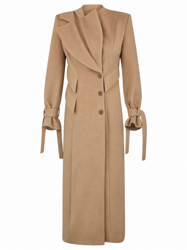 Camel Longline Draped Collar Wool Coat