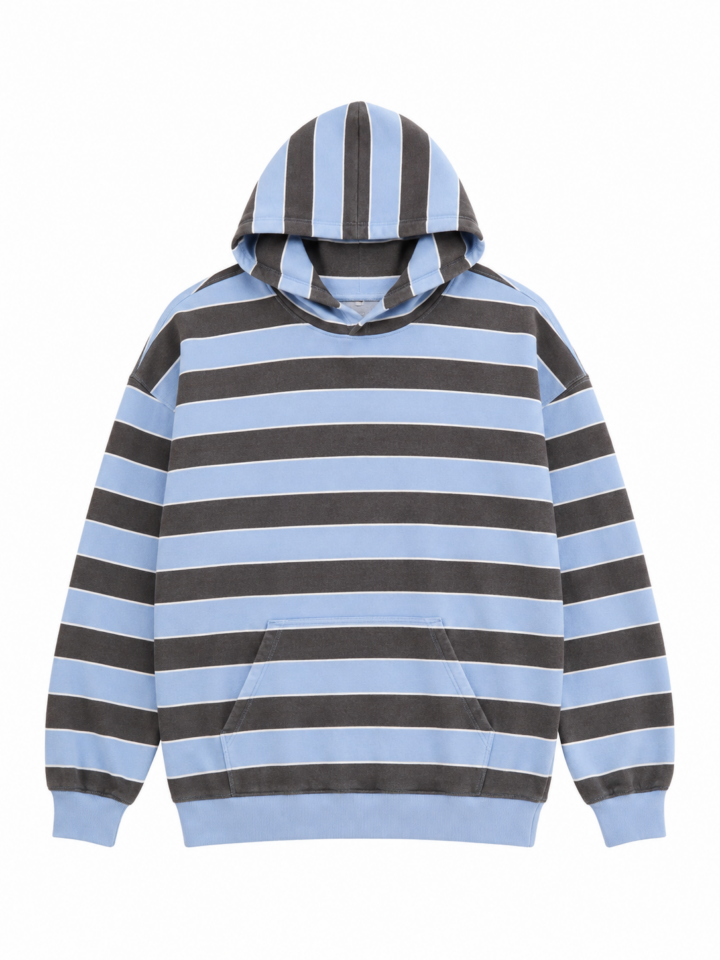 Light Blue and Charcoal Grey Striped Pullover Hoodie
