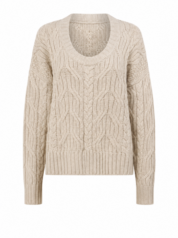 Light Oatmeal Cable Knit Sweater with Diamond Pattern