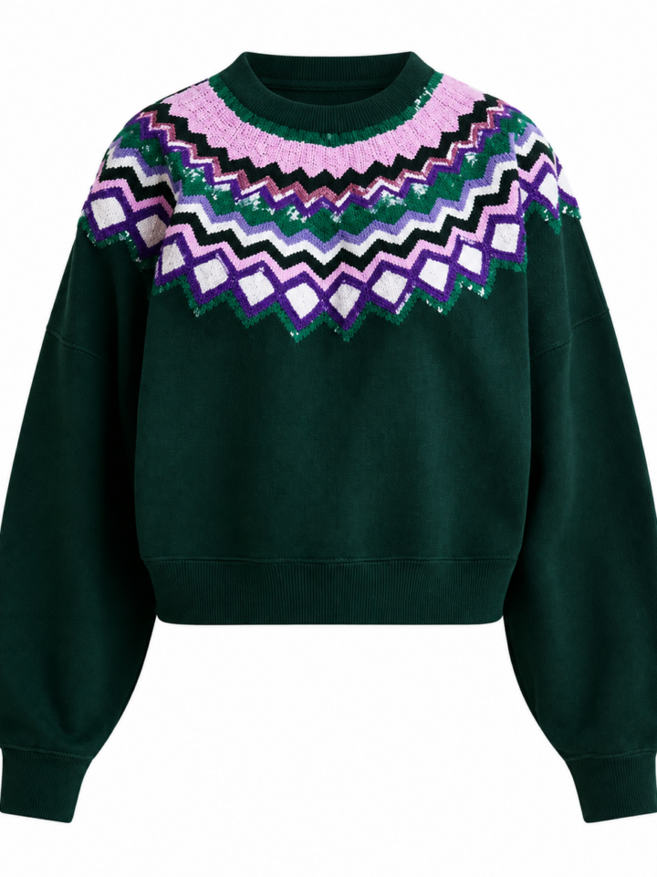Dark Green Fair Isle Knit Sweater with Sequin Details