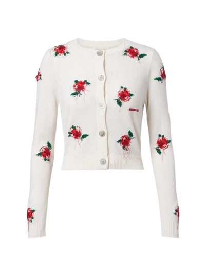 Cream Floral Rose Cropped Cardigan