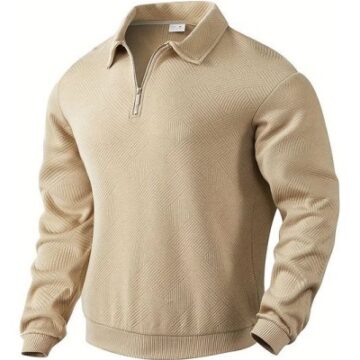 Beige Quarter-Zip Knit Pullover Top with Collar