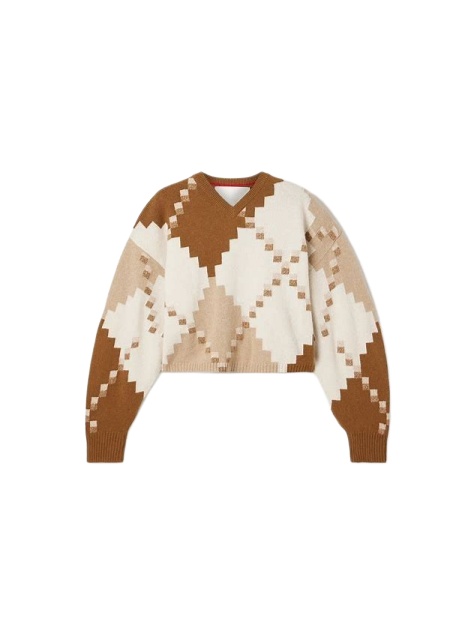 Cream Geometric Diamond Pattern Cropped Sweater