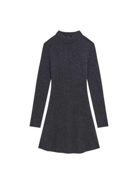 Dark Grey Ribbed Knit Sweater Dress with Mock Neck